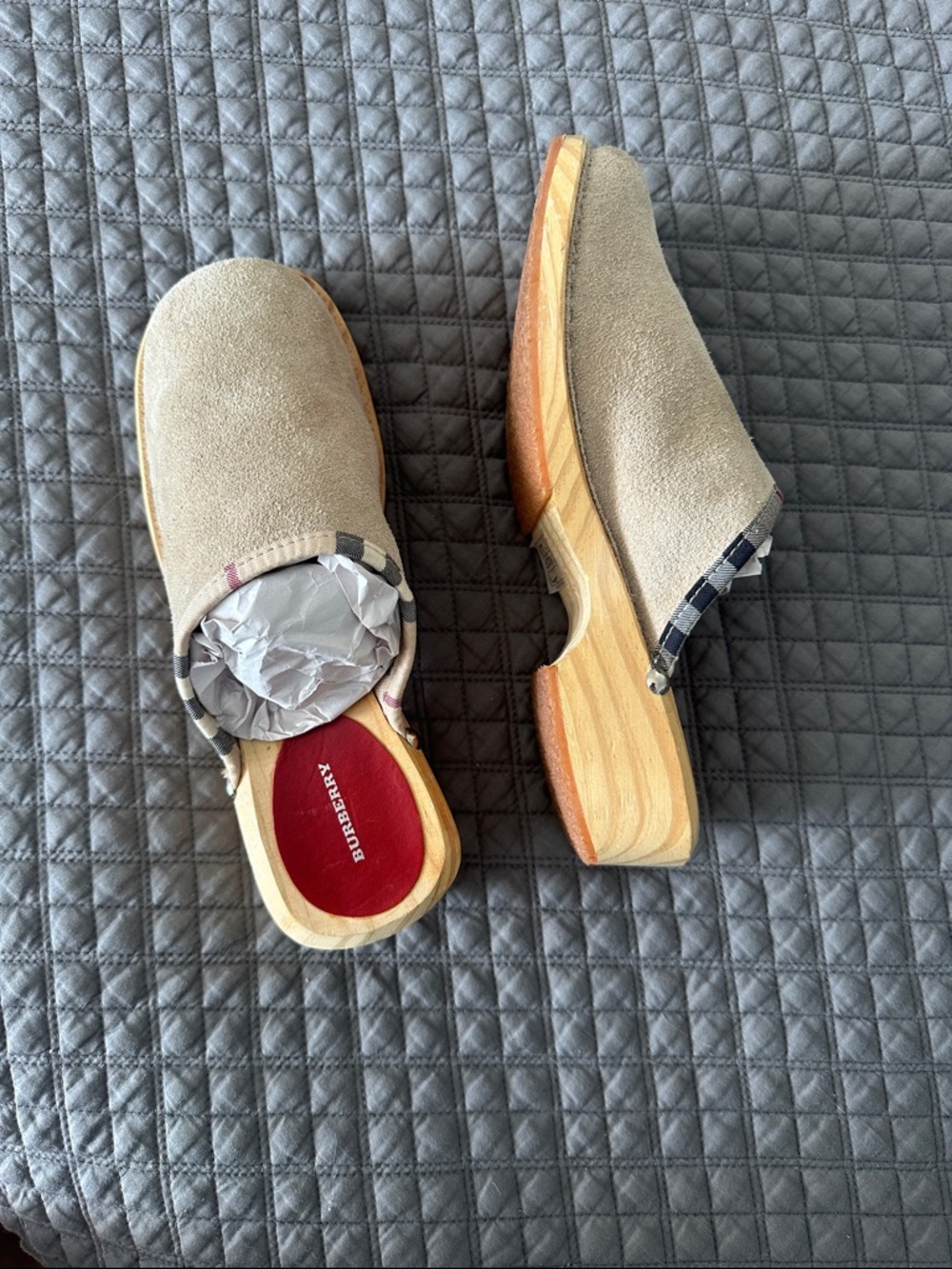 Burberry Beige Suede Slip-On Clogs with Check Trim and Red Insole